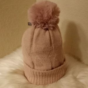 Pink  Knitted Hat with Soft Faux Fur Pompom Winter Hat